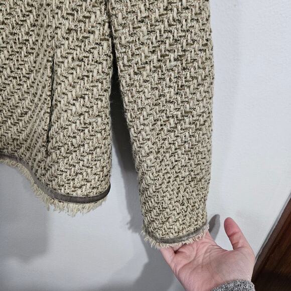 JONES NEW YORK SIGNATURE Olive/Cream Wool Blend Tweed Fringe Jacket. Sz 8 Petite - Picture 4 of 7
